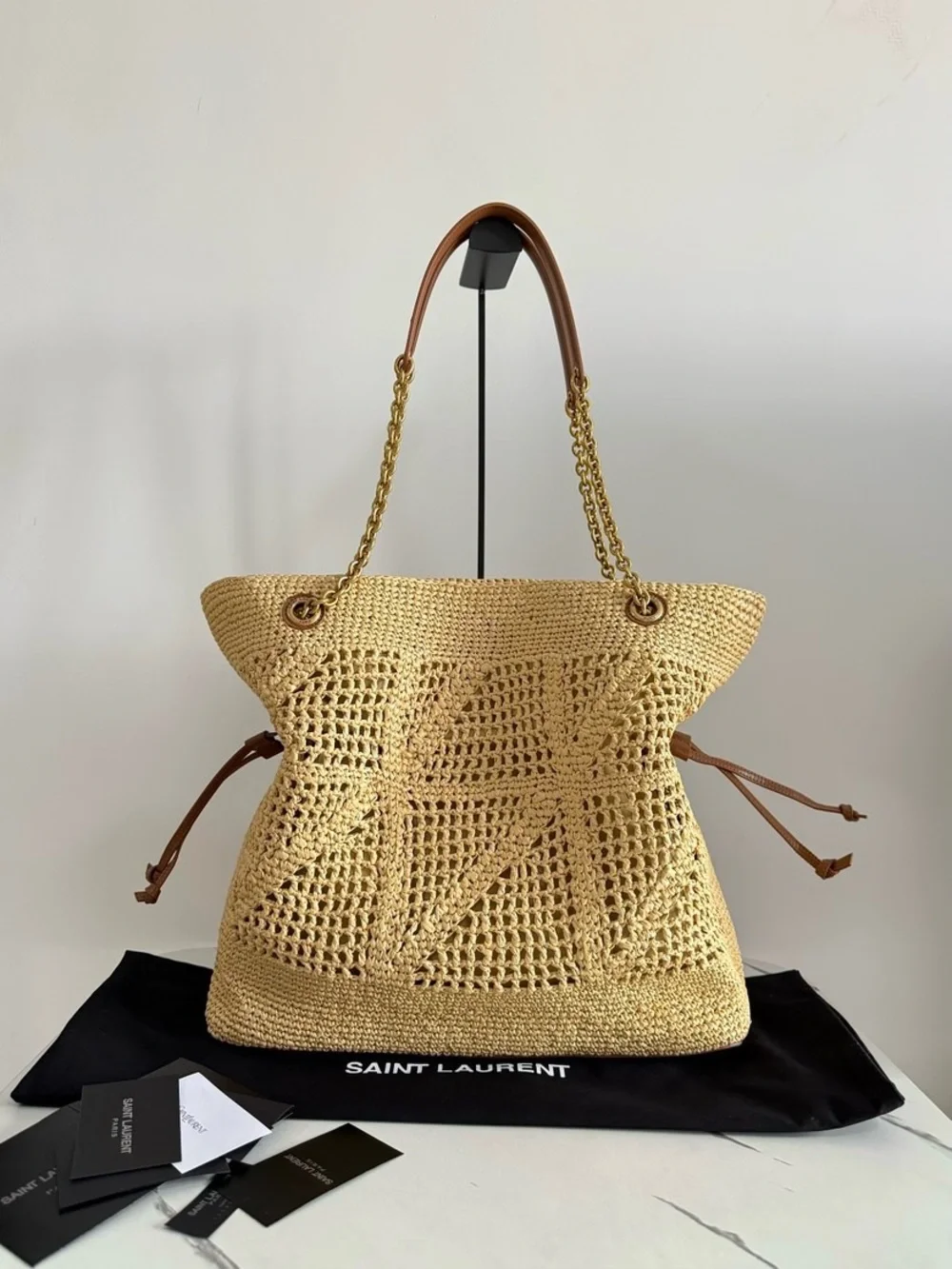 Yves Saint Laurent Tan Raffia Crochet Tote with Gold Chain and YSL Emblem